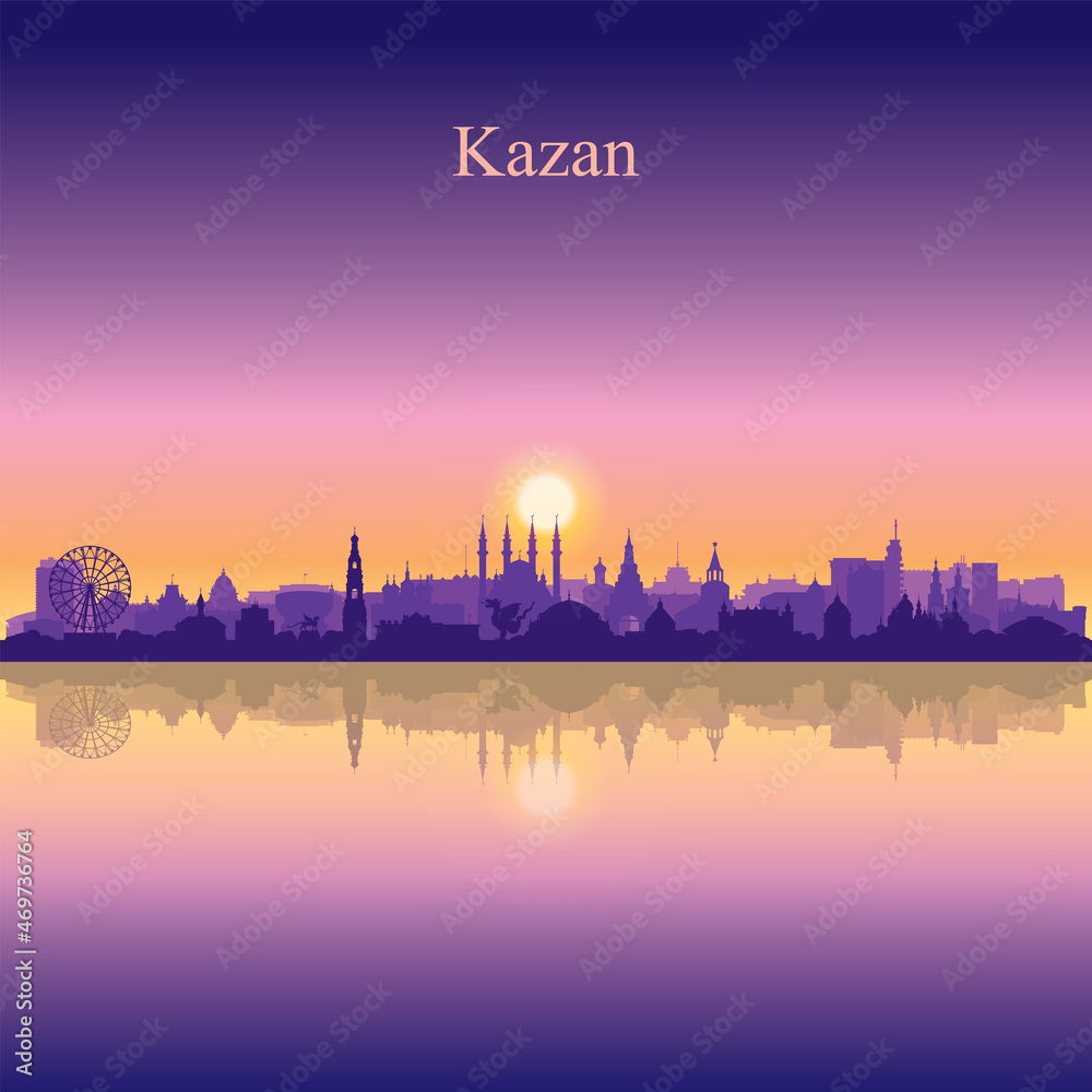Kazan city silhouette on sunset background