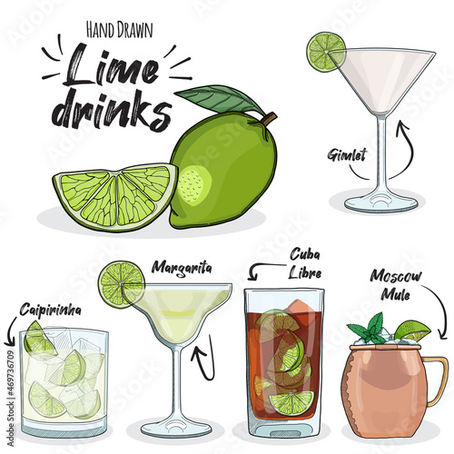 Lime Drinks Set Cuba Libre Caipirinha Margarita Gimlet Moscow Mule