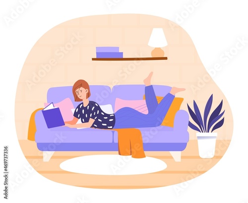 Woman reading book at house. Hobbies, literature, love of knowledge, selfdevelopment. Character reads stories, poems. Apartment, interior, comfort coziness. Cartoon flat vector illustration