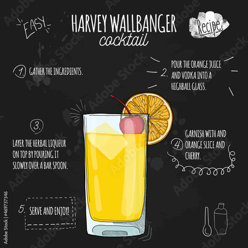 Hand drawn colorful fresh summer drink Harvey Wallbanger on blackboard