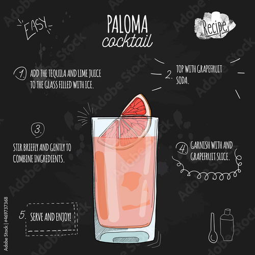 Hand drawn colorful fresh summer drink Paloma recipe on blackboard photo