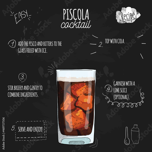 Hand drawn colorful fresh summer drink Piscola on blackboard photo