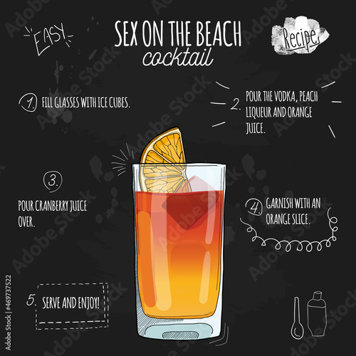 Hand drawn colorful fresh summer drink Sex on the beach recipe on blackboard