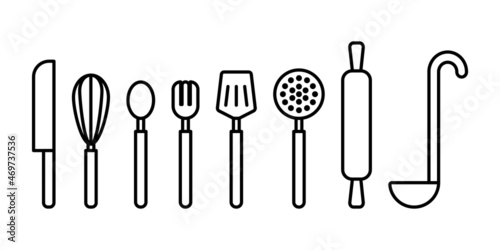 Cutlery line icons and logo set, isolated vector flat illustration.