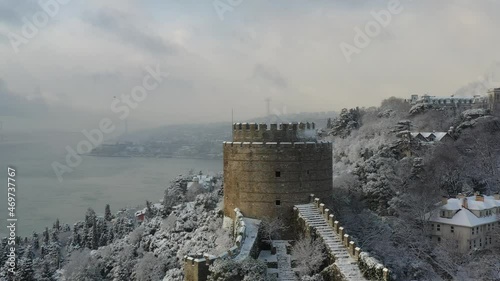 Aerial view of Rumeli Hisari, an ancient fortress with panoramic view along the Marmara Sea with Patih Sultan Mehmet Koprusu bridge in background, Istanbul, Turkey. photo