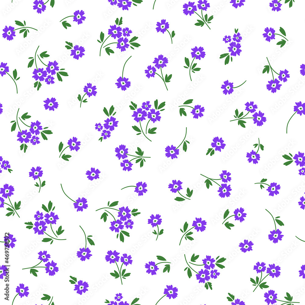 Purple tiny flower on white background. Seamless pattern with flower.