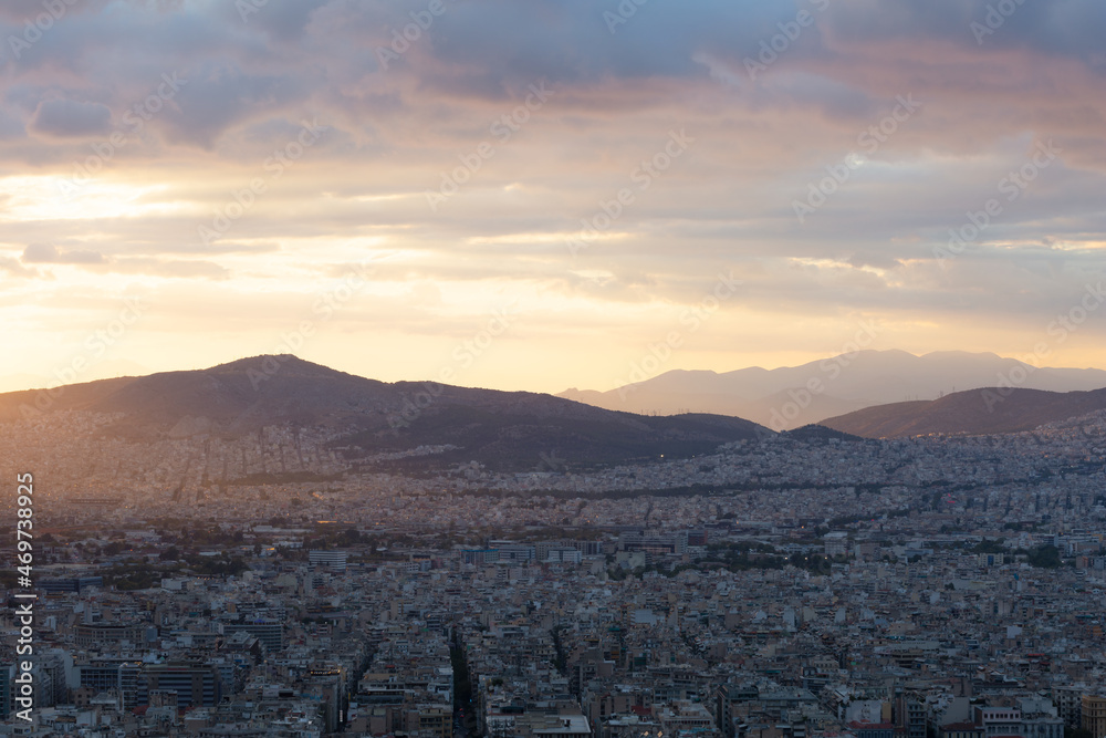 Evening view of Athens from Lycabettus hill, Greece.