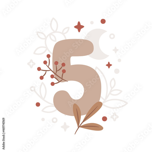 Milestone vector card with number five in Boho style, plants, branch, berries, leaves, stars, cute animals for boy or girl. Baby first 12 months. Capture special moments newborn baby