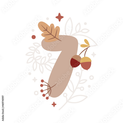 Milestone vector card with number Seven in Boho style, plants, branch, berries, leaves, acorn, stars, cute animals for boy or girl. Baby first 12 months. Capture special moments newborn baby