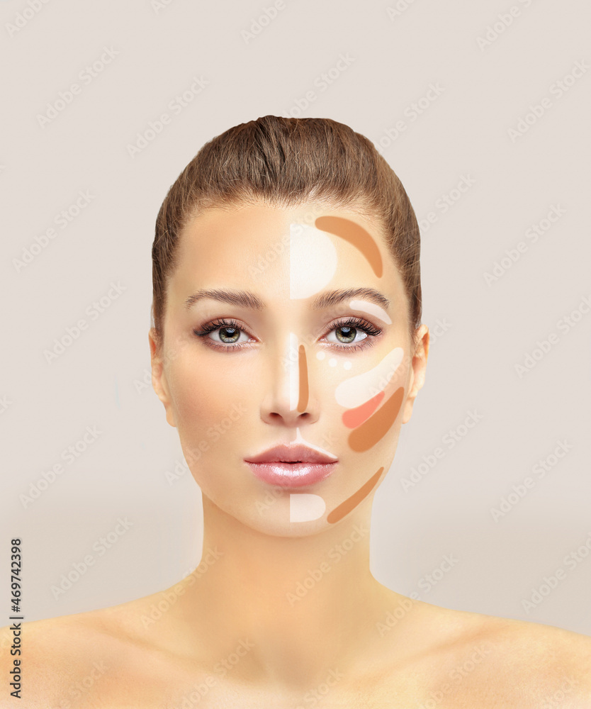Contouring.Make up woman face. Contour and highlight makeup.