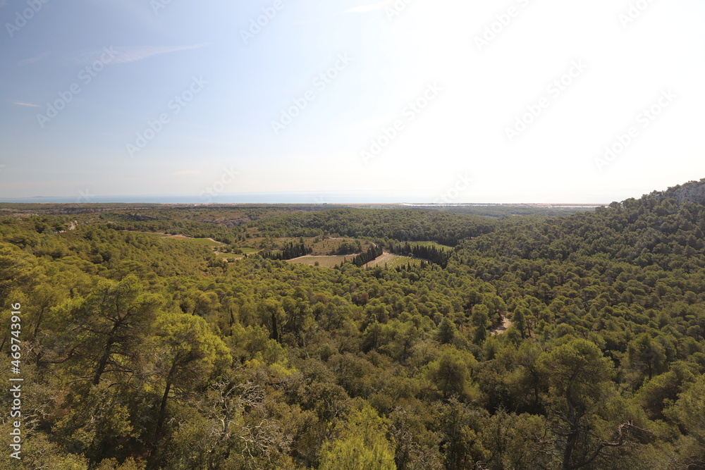 Nice view over the treetops towards the sea. Photo was taken in the regional nature park massif de la clape in the south of France.