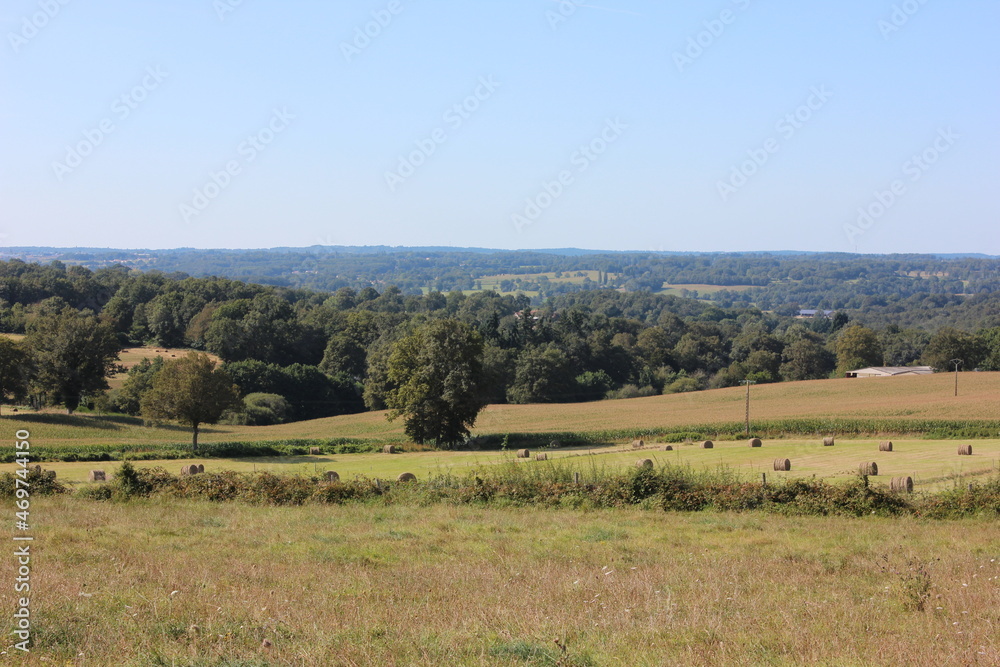 Beautiful panoramic view over a green French valley in the Rochechouart arrondissement.