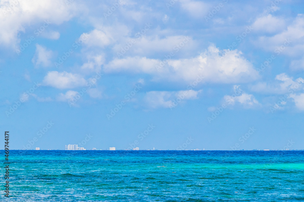 View on Cozumel island from Playa del Carmen beach Mexico.