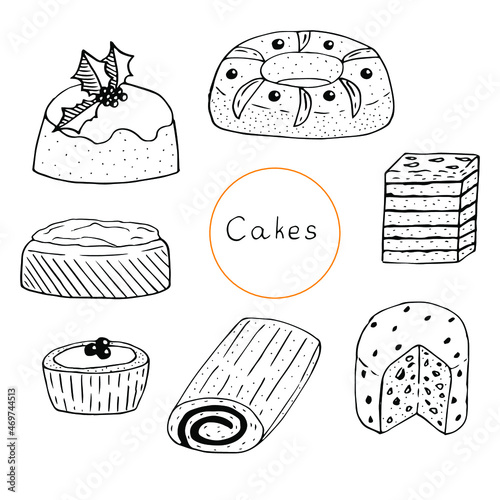 Christmas desserts set vector illustration, hand drawing sketch