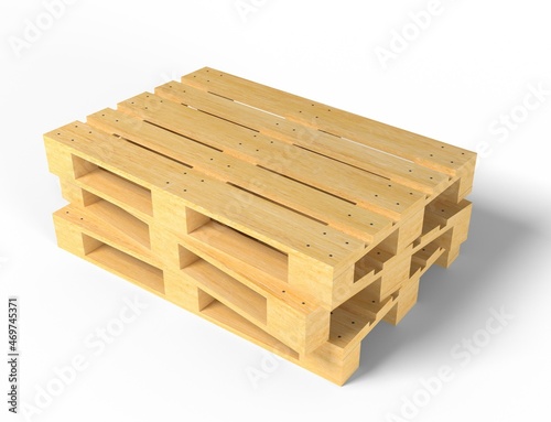 3d render illustration wooden pallets isolated on white background. Realistic empty warehouse platforms for shipping boxes. Packaging and transportation of goods. Stack of wood tray. Euro pallets.