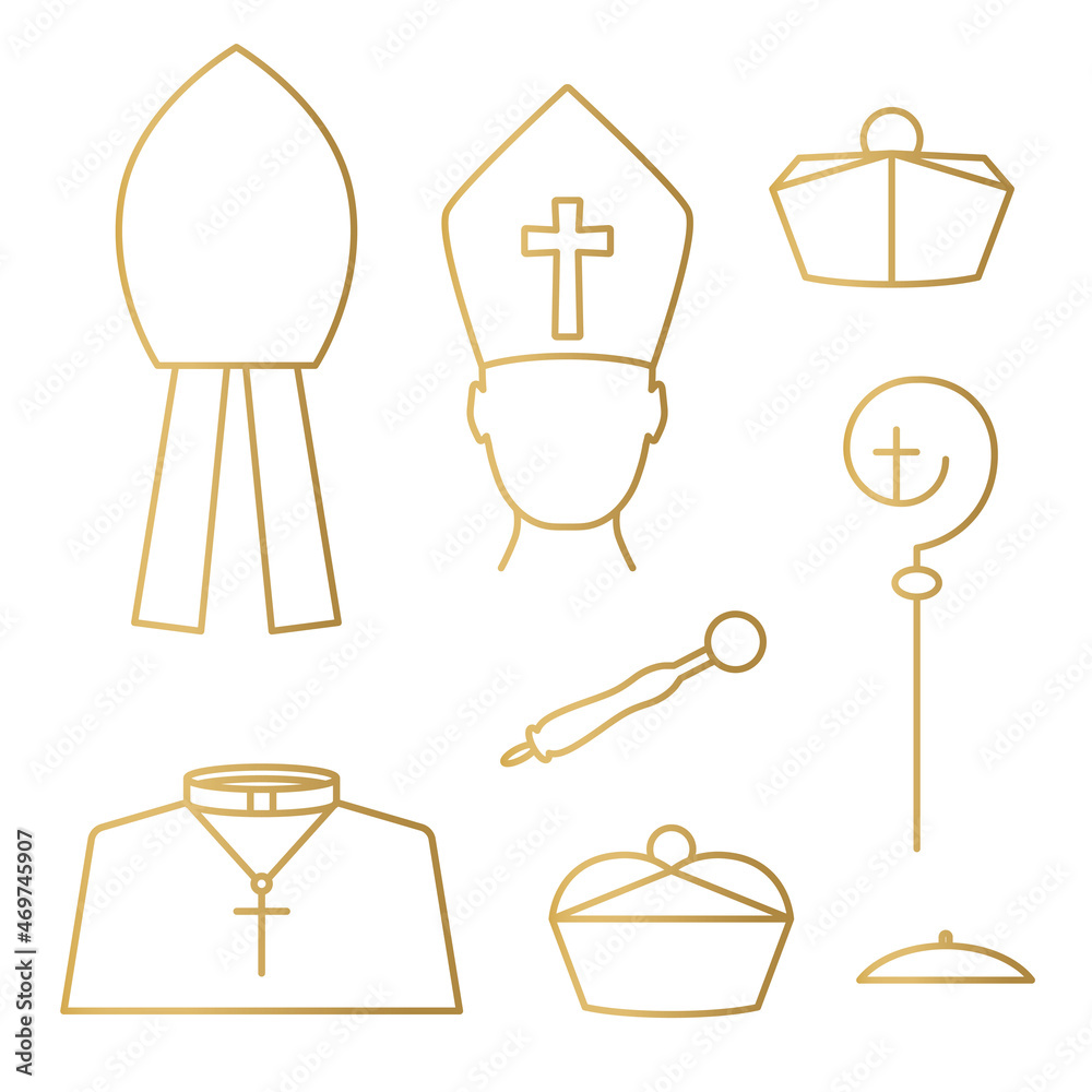 golden catholic priest, bishop, pope hats, crosier, sprinkler, cassock icons- vector illustration - obrazy, fototapety, plakaty 