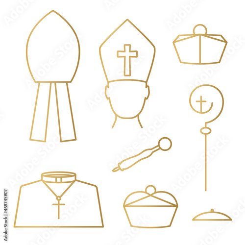 Photo golden catholic priest, bishop, pope hats, crosier, sprinkler, cassock icons- ve