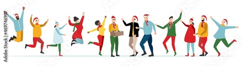 Happy people at a Christmas and New Year's corporate party. Positive men and women dancing and having fun. Set of modern vector characters.