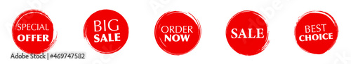 Red brush circle set, badges and banners. Big sale, best choice, order now, special offer. Banners and stickers. Vector illustration