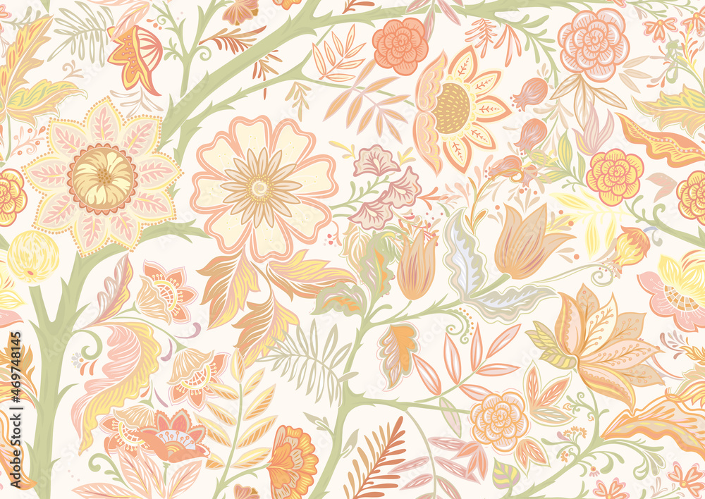 Seamless pattern with stylized ornamental flowers in retro, vintage style. Vector illustration in soft colors Seamless pattern with stylized ornamental flowers in retro, vintage style. Vector illustration in soft colors