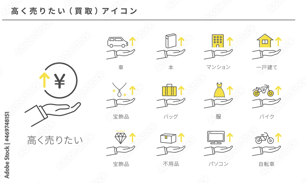 Fototapeta premium いろいろな高く売りたいアイコンのシンプルなアイコンセット、黄色とグレー、ベクター