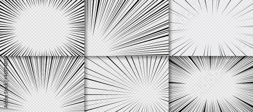 Manga frame with speed flash lines. Comic anime radial effect. Set of splash blast zoom. Superhero backgrounds with burst rays. Crash bang banners. Explosion bomb templates. Vector illustration
