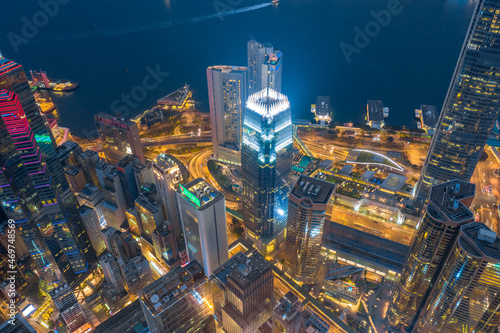 Night view from Victoria Peak in Hong Kong. Aerial shot.
