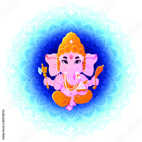 Lord Ganesha Indian God. Vector illustration in cute cartoon style. Round sticker with mandala on the background. 