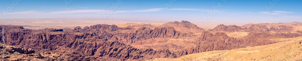 Panorama of Jordan Desert and moutain area surrounding Wadi Musa and historical site of Petra