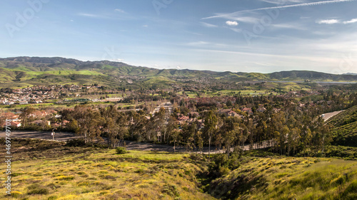 Aerial view of suburban Simi Valley near Los Angeles, Southern California, spring