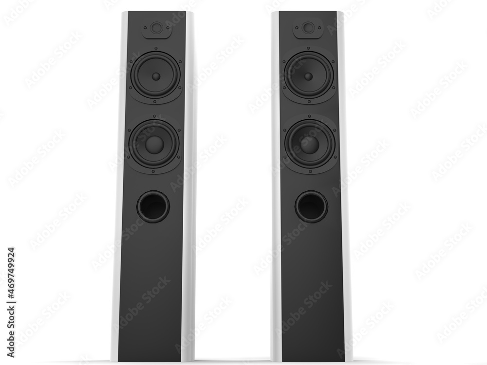 Tower music speakers with white side panels - front view shot Tower music speakers with white side panels - front view shot