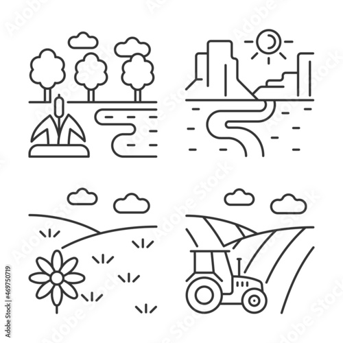 Diverse land types linear icons set. Cultivable and barren soil. Plant growing climate condition. Customizable thin line contour symbols. Isolated vector outline illustrations. Editable stroke photo