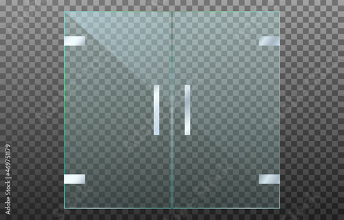Realistic transparent double glass door isolated on transparent background. Mockup template design for office building, shop, fashion boutique, mall, store. Vector