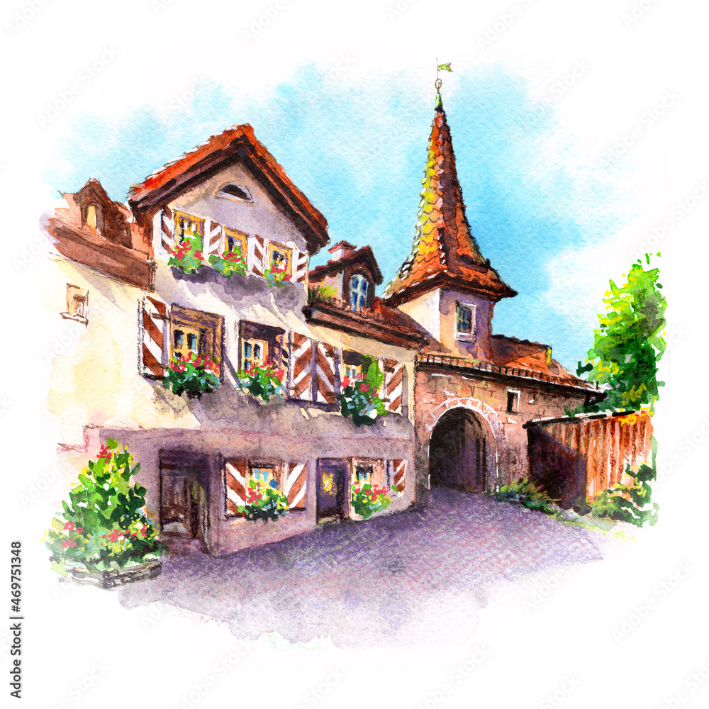 Watercolor sketch of Sunny Old Town of Nuremberg, Bavaria, Germany