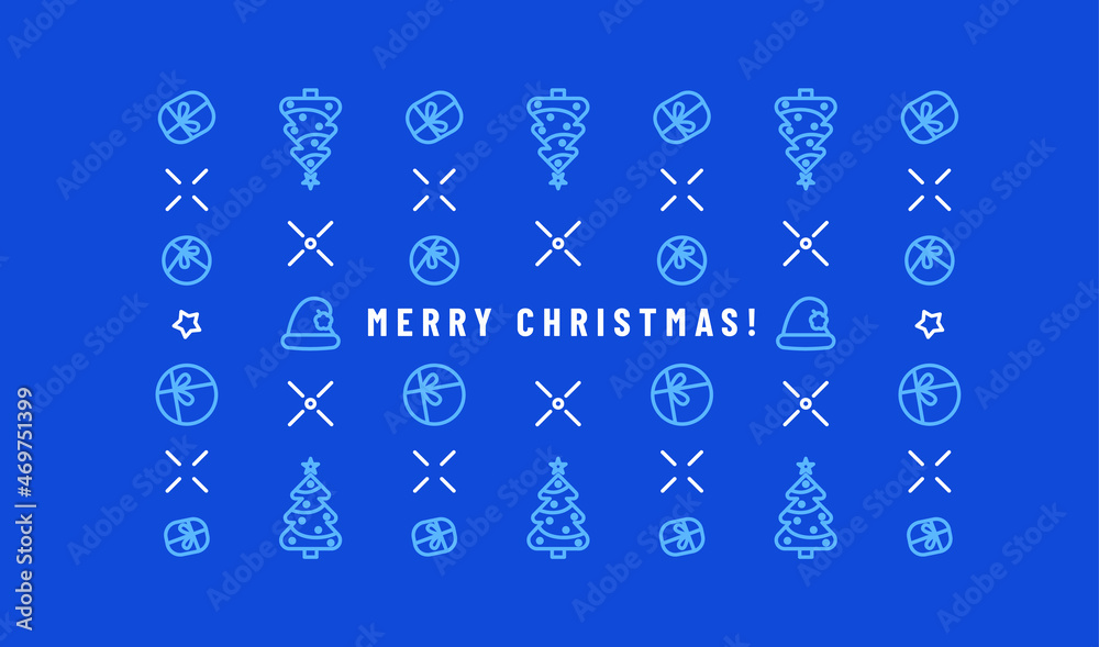 Celebrational vector banner. Merry Christmas text on deep blue background with various festive icons in a rows. Christmas tree and gifts. Creative image concept for social media, website or print.