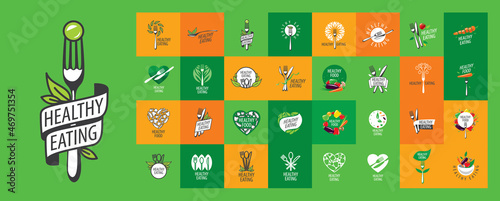 A set of vector healthy food logos on different colored backgrounds