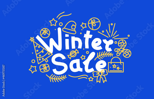 Winter Sale lettering. Vector illustration with simple text and various festive icons around. Decorative elements, gifts and christmas tree. Creative image concept for social media, website or print. photo