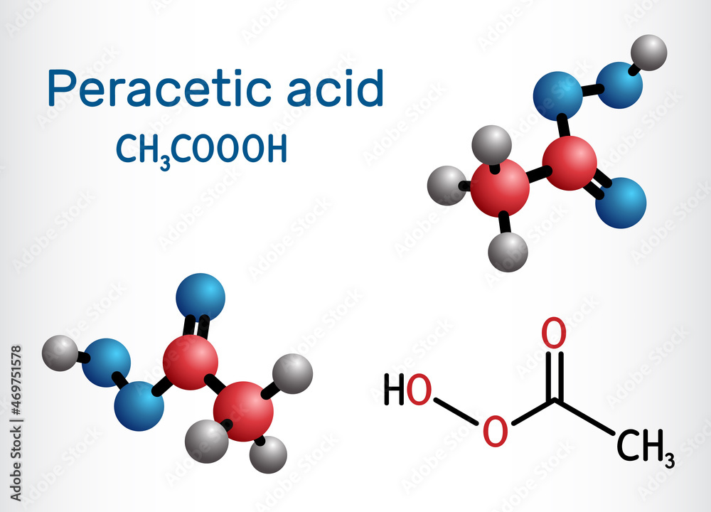Peracetic acid, peroxyacetic acid, PAA, organic peroxide molecule. Bactericide, fungicide, disinfectant, antimicrobial agent, polymerization catalyst. Structural formula, molecule model. Peracetic acid, peroxyacetic acid, PAA, organic peroxide molecule. Bactericide, fungicide, disinfectant, antimicrobial agent, polymerization catalyst. Structural formula, molecule model.