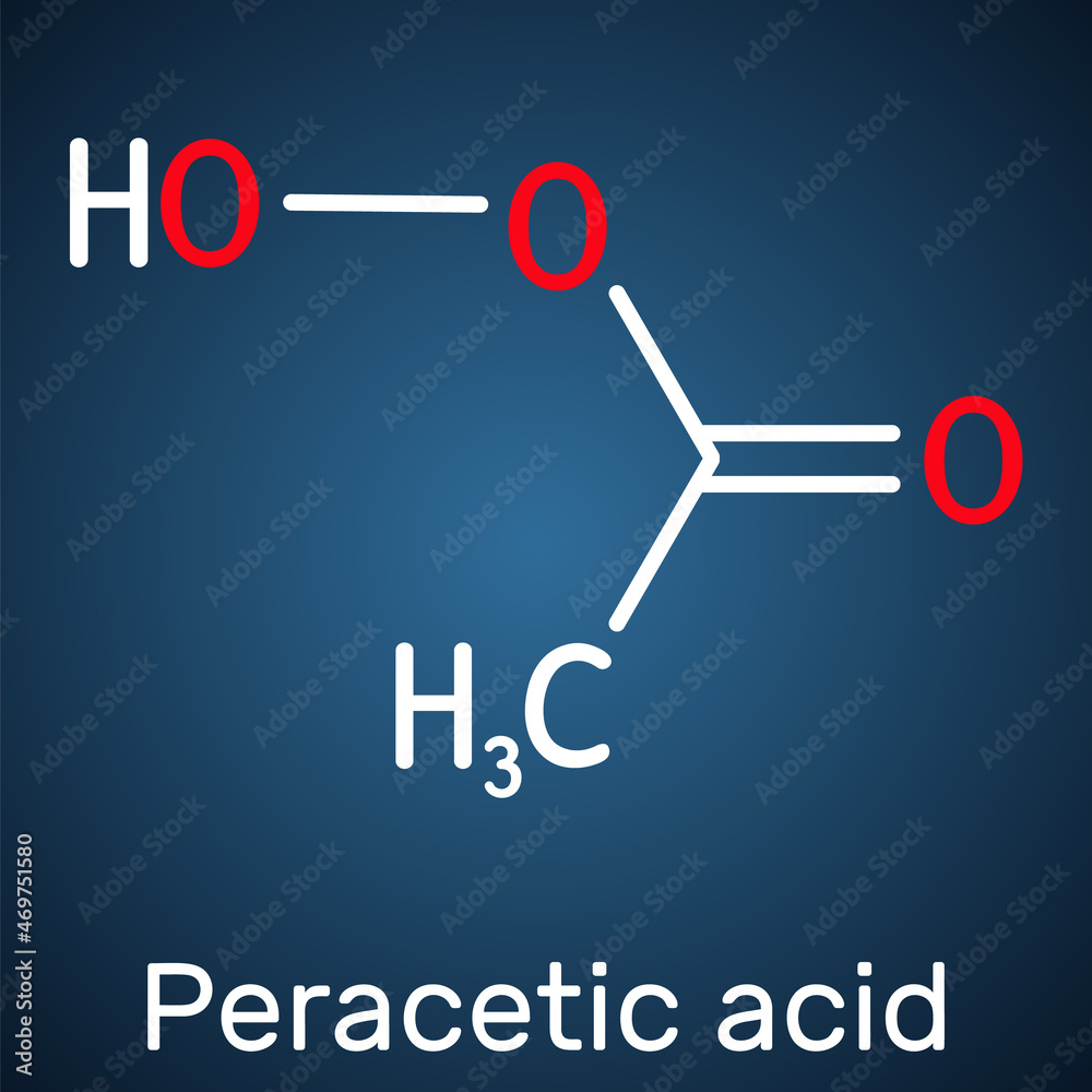 Peracetic acid, peroxyacetic acid, PAA, organic peroxide molecule, Bactericide, fungicide, disinfectant, antimicrobial agent, polymerization catalyst. Dark blue background Peracetic acid, peroxyacetic acid, PAA, organic peroxide molecule, Bactericide, fungicide, disinfectant, antimicrobial agent, polymerization catalyst. Dark blue background