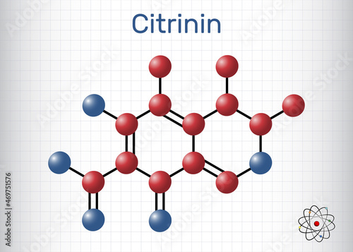 Citrinin molecule. It is antibiotic and mycotoxin from Penicillium citrinum. Molecule model. Sheet of paper in a cage photo