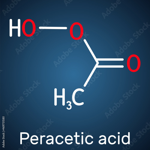 Peracetic acid, peroxyacetic acid, PAA, organic peroxide molecule, Bactericide, fungicide, disinfectant, antimicrobial agent, polymerization catalyst. Dark blue background photo