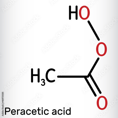 Peracetic acid, peroxyacetic acid, PAA, organic peroxide molecule. Bactericide, fungicide, disinfectant, antimicrobial agent, polymerization catalyst. Skeletal chemical formula photo