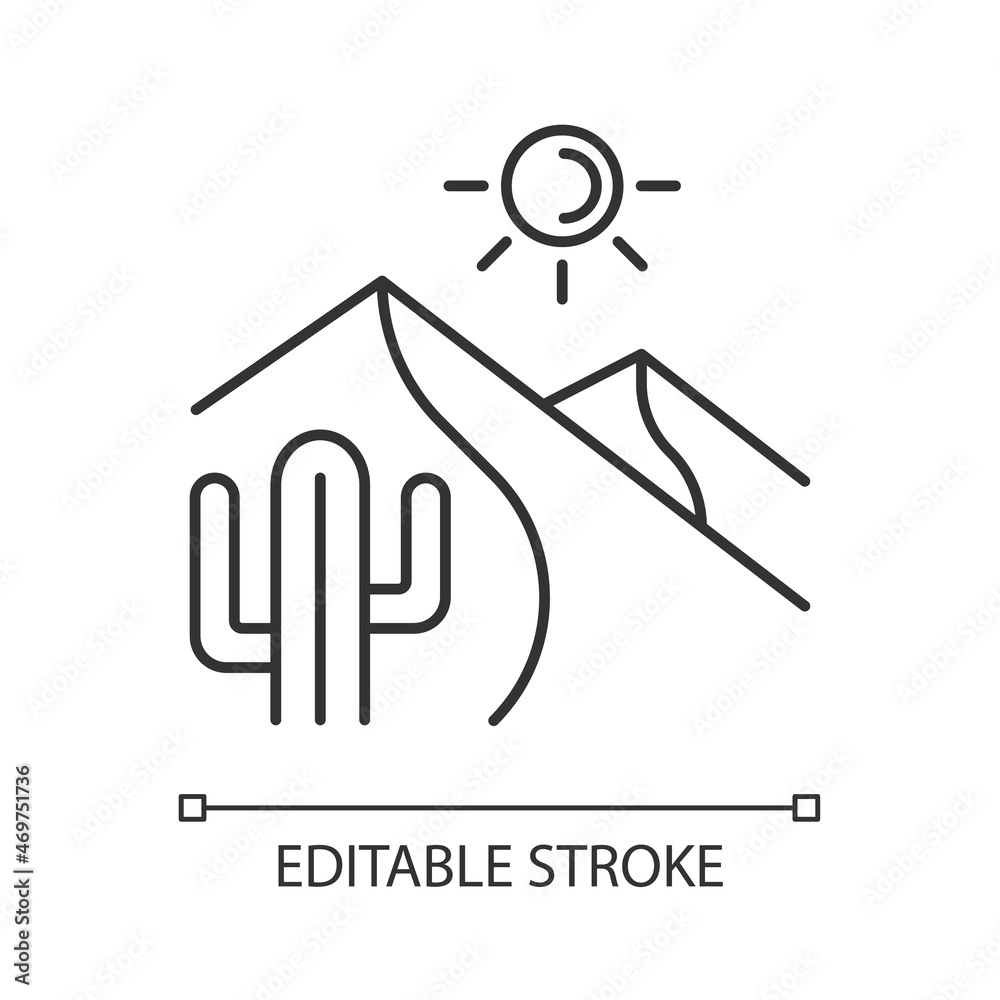Hot desert linear icon. High temperature sandy land. Large dry area. Low precipitation region. Thin line customizable illustration. Contour symbol. Vector isolated outline drawing. Editable stroke Hot desert linear icon. High temperature sandy land. Large dry area. Low precipitation region. Thin line customizable illustration. Contour symbol. Vector isolated outline drawing. Editable stroke
