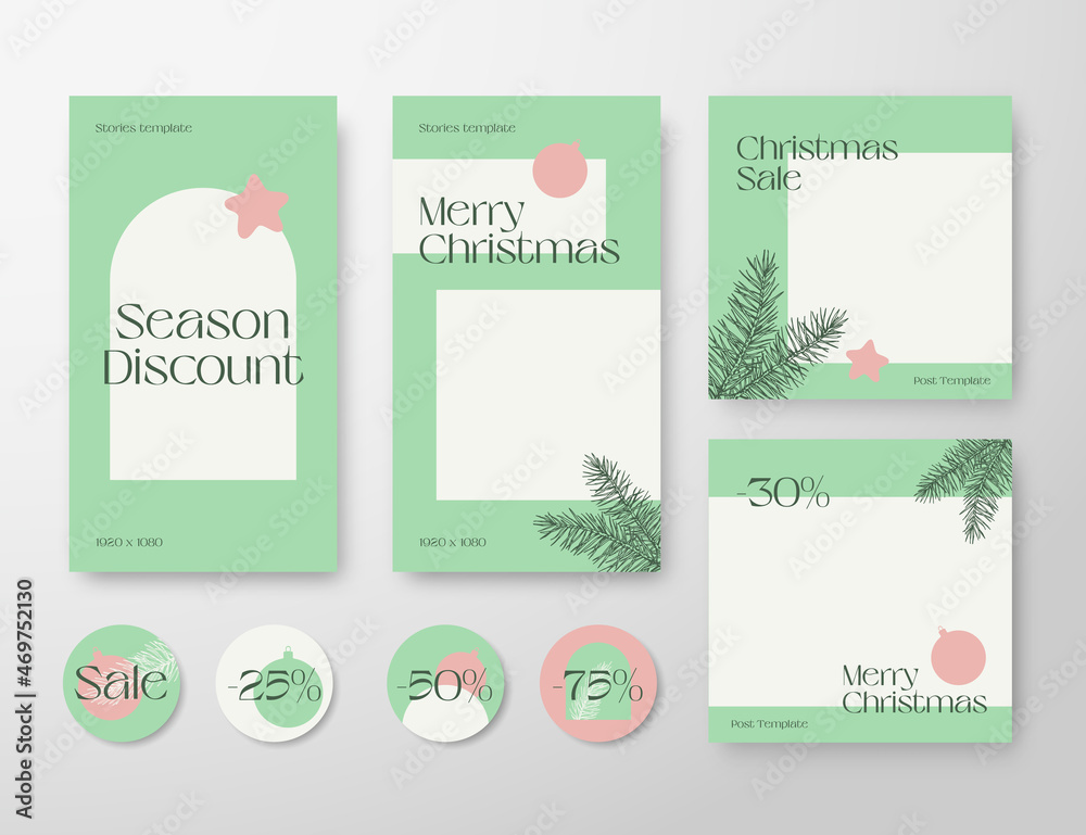 Christmas Advertising Trendy Editable Templates Set. Pine Branches and Typography for Social Networks Stories Highlights and Posts Backgrounds. Boho Social Media Holiday Greeting Cards or Banners