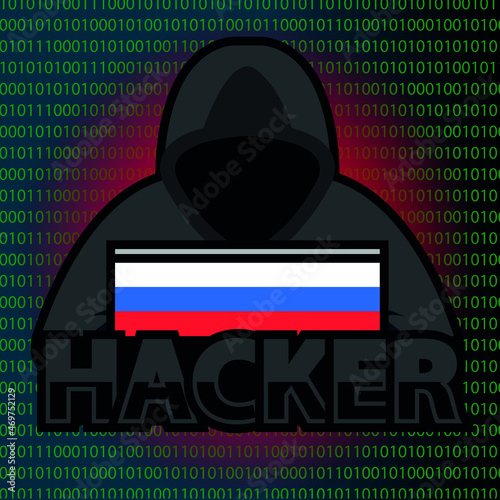 Russian hacker in a hood with a country flag. Vector