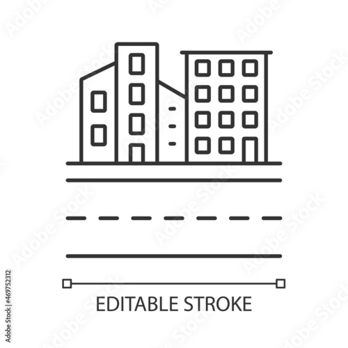 Urban land linear icon. Towns and cities. Dwelling and industrial area. Buildings landscape. Thin line customizable illustration. Contour symbol. Vector isolated outline drawing. Editable stroke