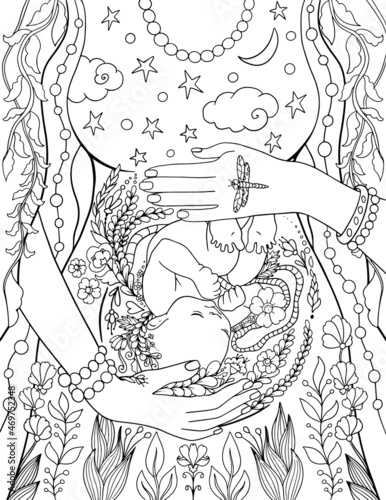 Baby growing in mother womb during pregnancy, the beauty of maternity. Anti-stress adult coloring book page.
