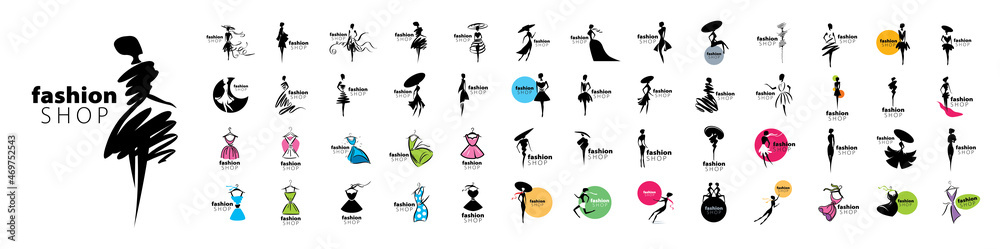 A set of vector logos with painted female figures in fashionable dresses - obrazy, fototapety, plakaty 
