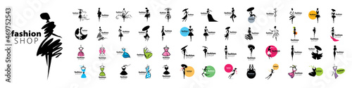 A set of vector logos with painted female figures in fashionable dresses © butenkow