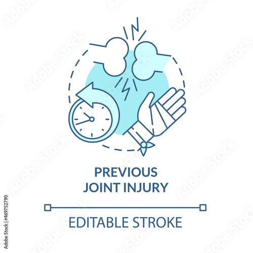 Previous joint injury blue concept icon. Arthritis risk factor abstract idea thin line illustration. Bones trauma can lead to disease. Vector isolated outline color drawing. Editable stroke
